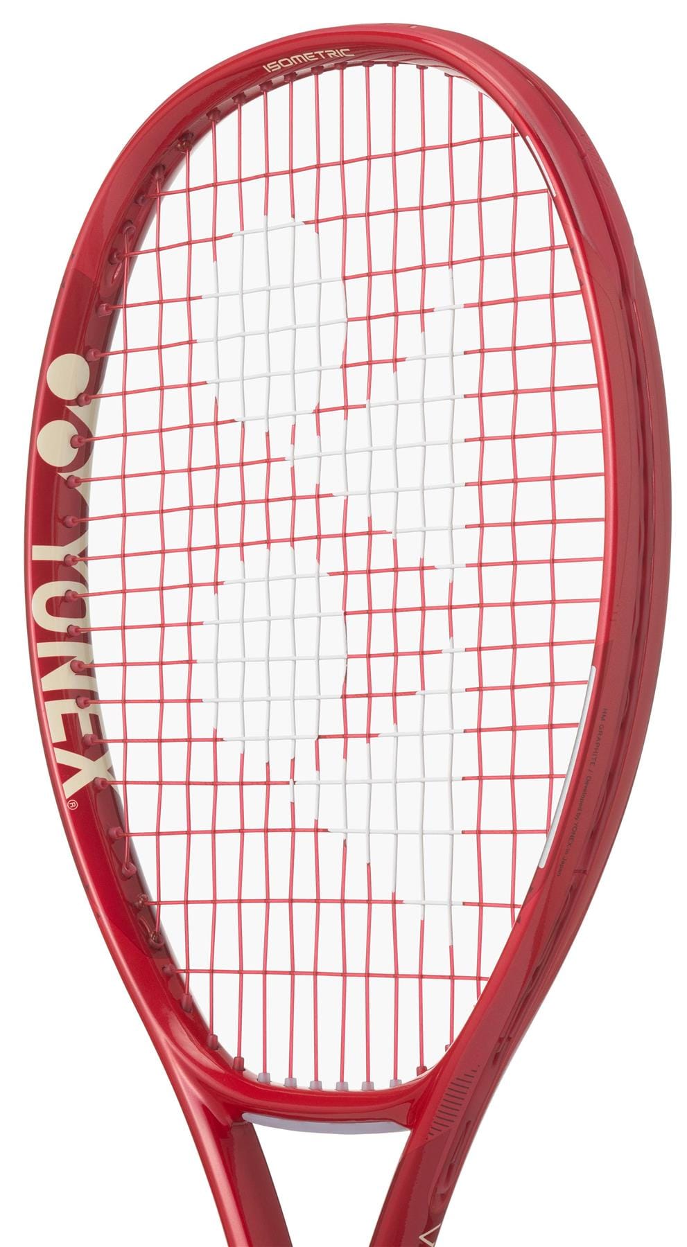 The Yonex VCORE Alpha L Ruby Red 2026 Tennis Racket, featuring white Yonex logos and ISOMETRIC technology, is shown against a white background.