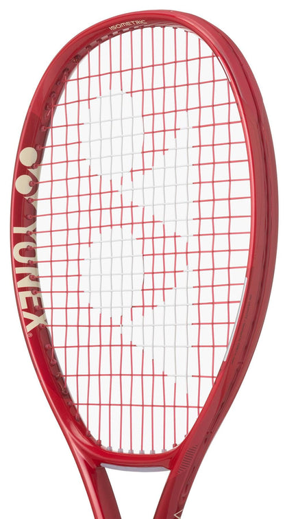 The Yonex VCORE Alpha L Ruby Red 2026 Tennis Racket, featuring white Yonex logos and ISOMETRIC technology, is shown against a white background.
