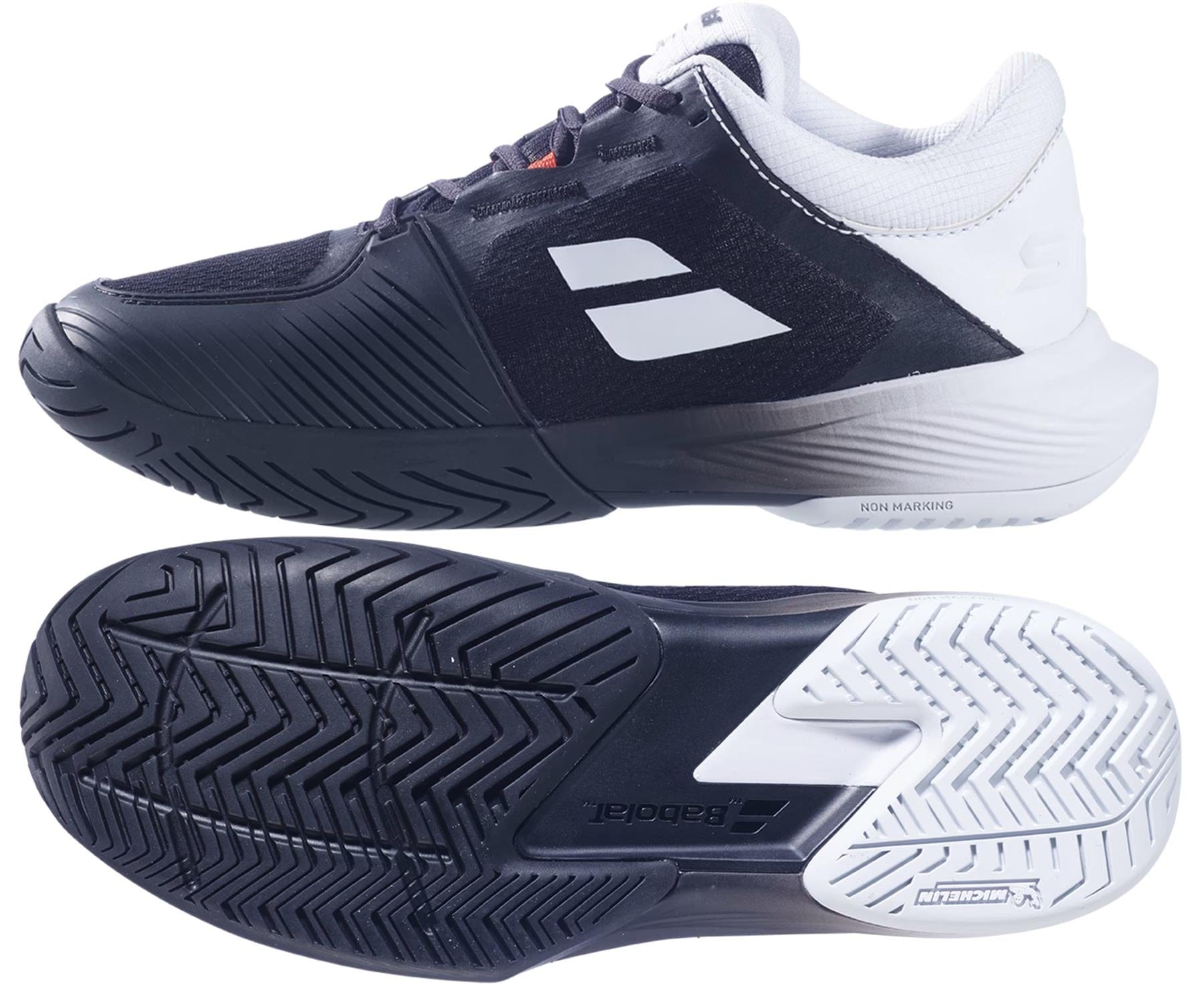 The Babolat SFX 4 All Court Men's Tennis Shoes in Black/Illusion Blue feature a mostly black upper with white accents and branding, plus a textured outsole for superior grip and comfort.