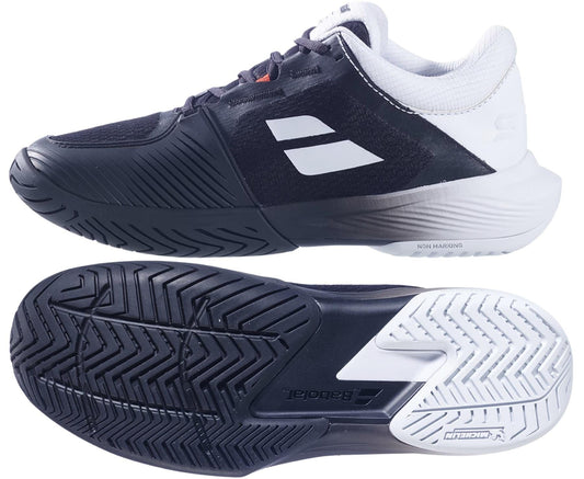 The Babolat SFX 4 All Court Men's Tennis Shoes in Black/Illusion Blue feature a mostly black upper with white accents and branding, plus a textured outsole for superior grip and comfort.