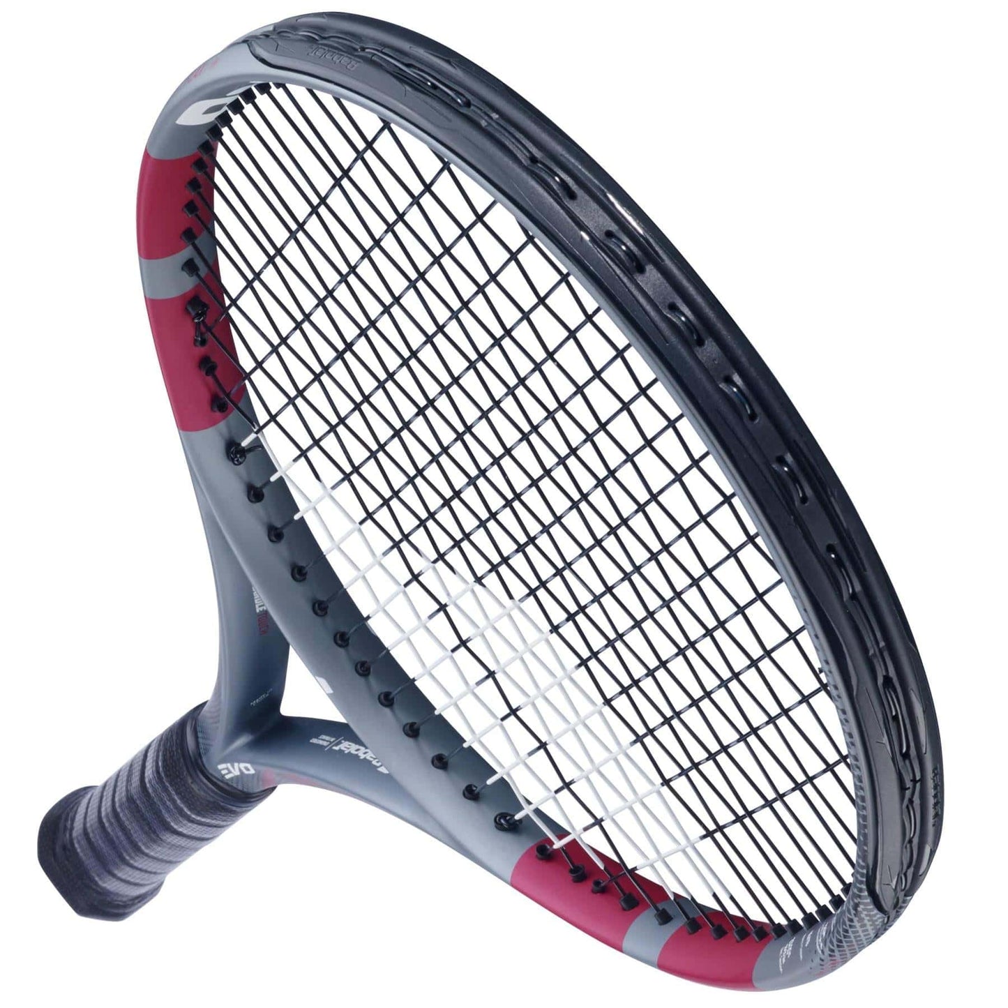 A close-up of the Babolat Evo Aero Pink 2026 Tennis Racket with a black grip, black strings, and a grey and pink frame, ideal for intermediate to advanced players, set against a white background.