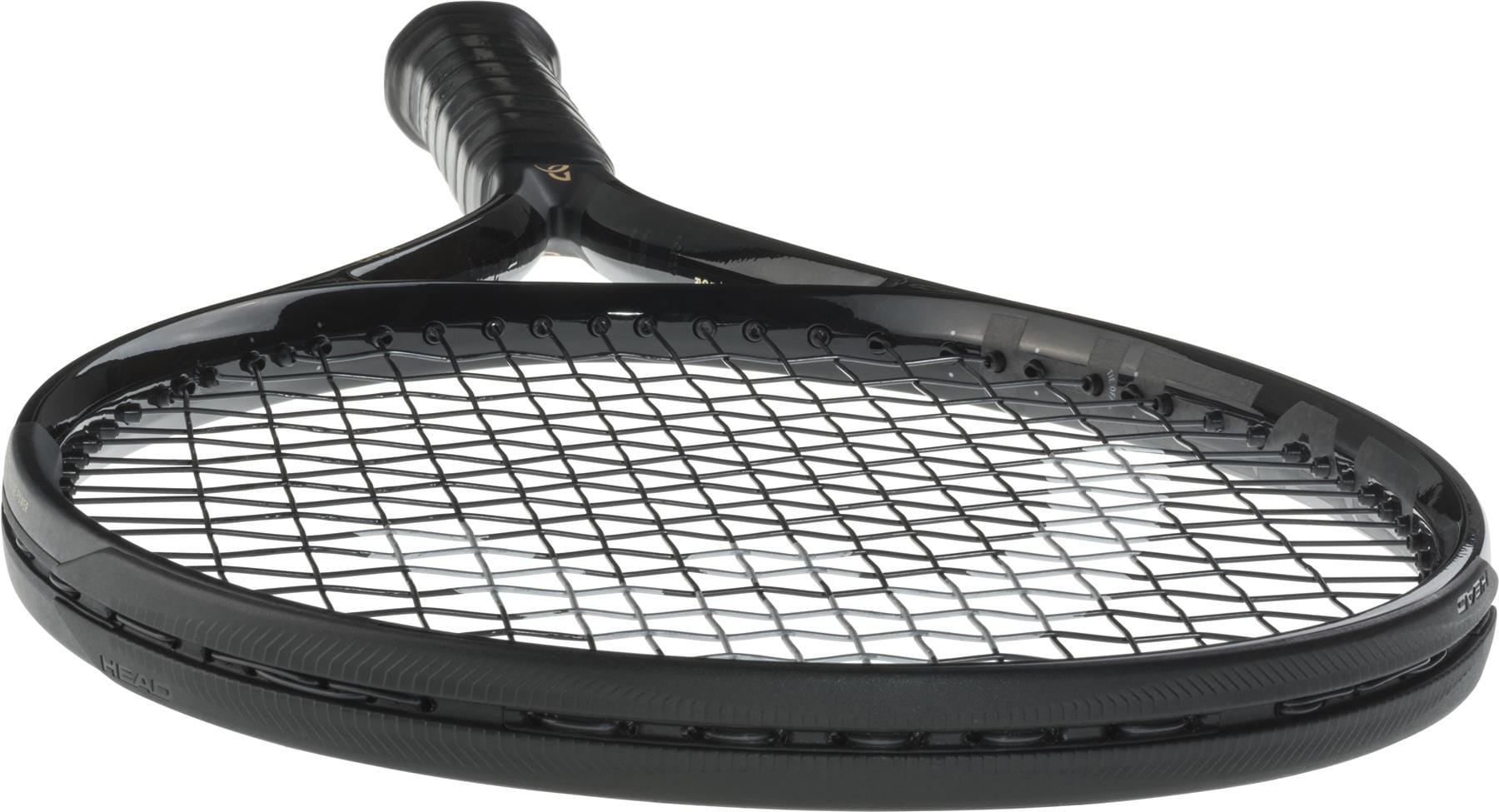 A HEAD Speed MP Legend 2025 Tennis Racket in black and gold is displayed at an angle, highlighting its strings and grip against a white background.