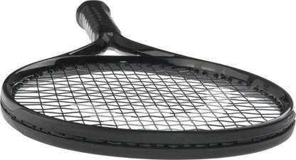A HEAD Speed MP Legend 2025 Tennis Racket in black and gold is displayed at an angle, highlighting its strings and grip against a white background.