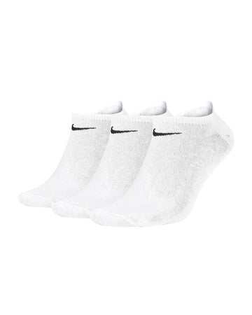 A pack of three Nike Unisex Ankle Socks in white, each displaying a small black swoosh logo. Crafted with sweat-wicking fabric, these socks are neatly arranged against a plain white background.