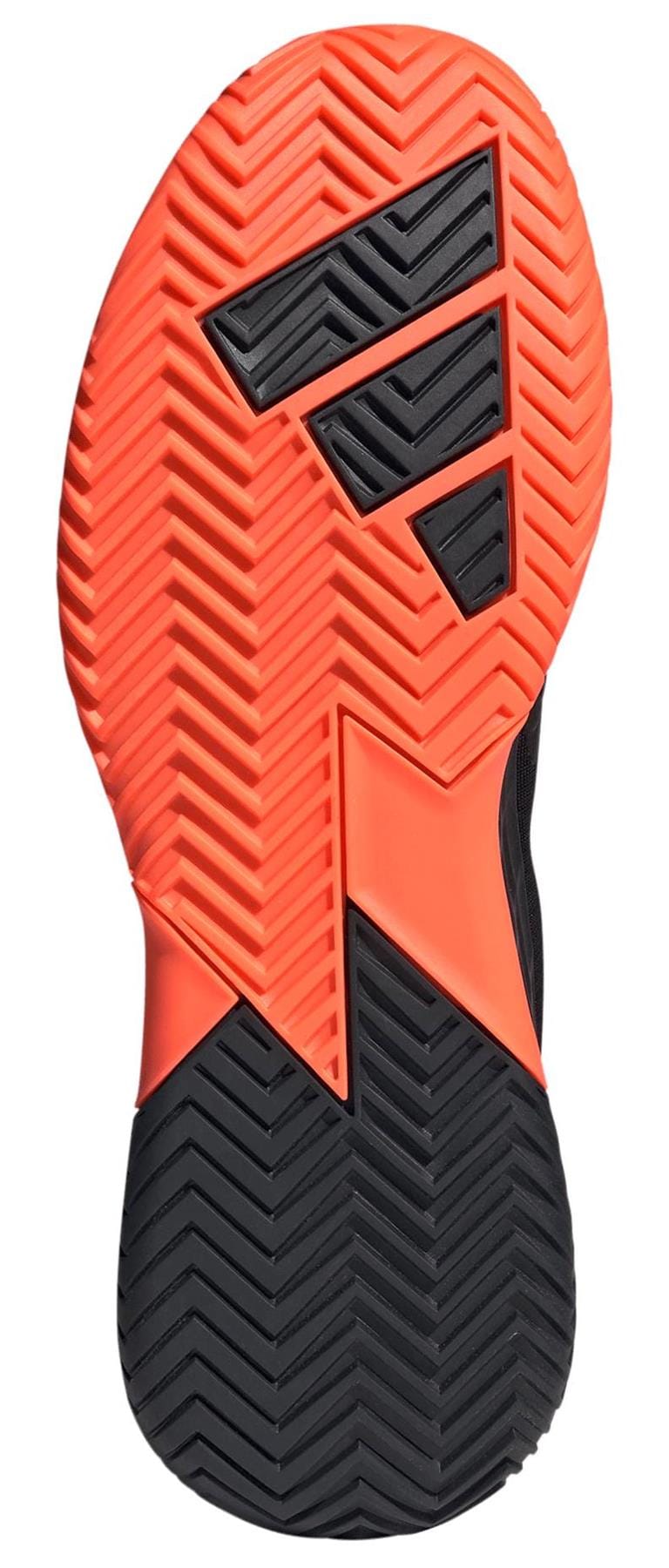 The image features the sole of the adidas Defiant Speed 2 Men's Tennis Shoes in black and orange, showcasing a zigzag tread with geometric shapes for enhanced grip and traction.