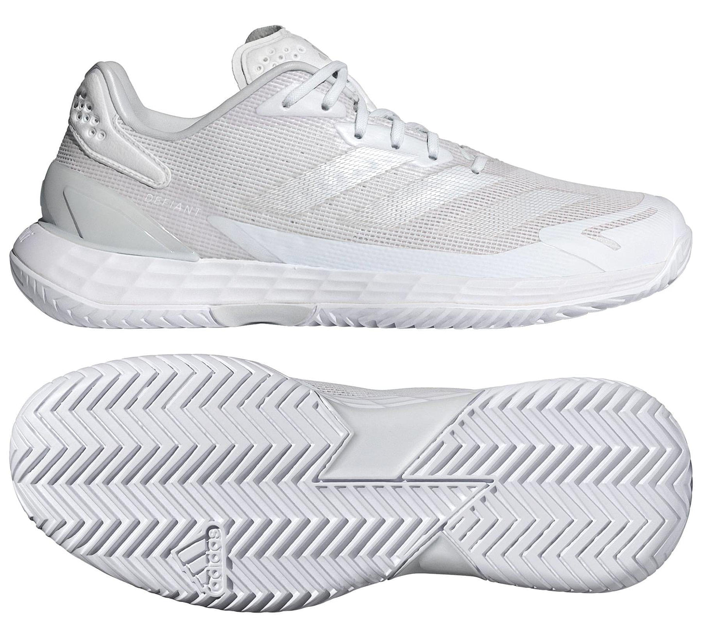 Two views of the adidas Defiant Speed 2 Women’s Tennis Shoes in white: the side shows breathable mesh and synthetic uppers, while the bottom view reveals a lightweight build with a textured herringbone sole for grip.