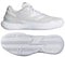 Two views of the adidas Defiant Speed 2 Women’s Tennis Shoes in white: the side shows breathable mesh and synthetic uppers, while the bottom view reveals a lightweight build with a textured herringbone sole for grip.