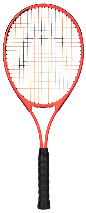 The HEAD Radical 27 Tennis Racket 2025 by HEAD, shown upright in red with black strings and grip against a white background—an ideal tennis racket for adult beginners.