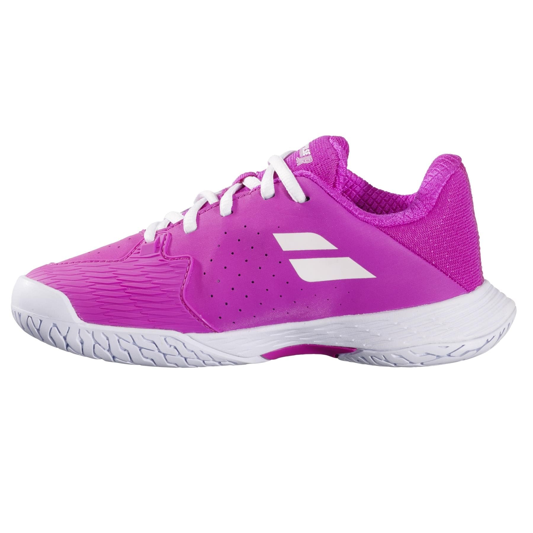 The Babolat Propulse Junior 3 Girls Tennis Shoes in Fandango Pink feature white laces, a white side logo, and a textured white sole. A breathable mesh upper offers comfort and style for girls on the court.