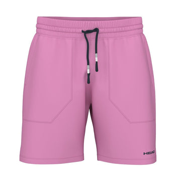 A pair of HEAD Performance Men's Play Tennis Shorts in cyan pink featuring an elastic waistband and black drawstring. Made from moisture transfer microfiber, these athletic shorts provide 4-way stretch, two front pockets with bold stitching, and a sleek black logo on the lower left side.