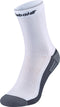The Babolat Mid-Calf Tennis Sock in white features gray accents on the heel and toe, a ribbed texture, and "Babolat" in black near the top.