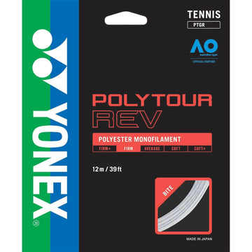The Yonex Polytour REV Tennis String in white is crafted from polyester monofilament and now includes silicone-infused filament for enhanced spin. The string spans 12m/39ft, emphasizing firmness and bite. Its label features the Yonex and Australian Open logos, showcasing its status as an official partner product made in Japan.