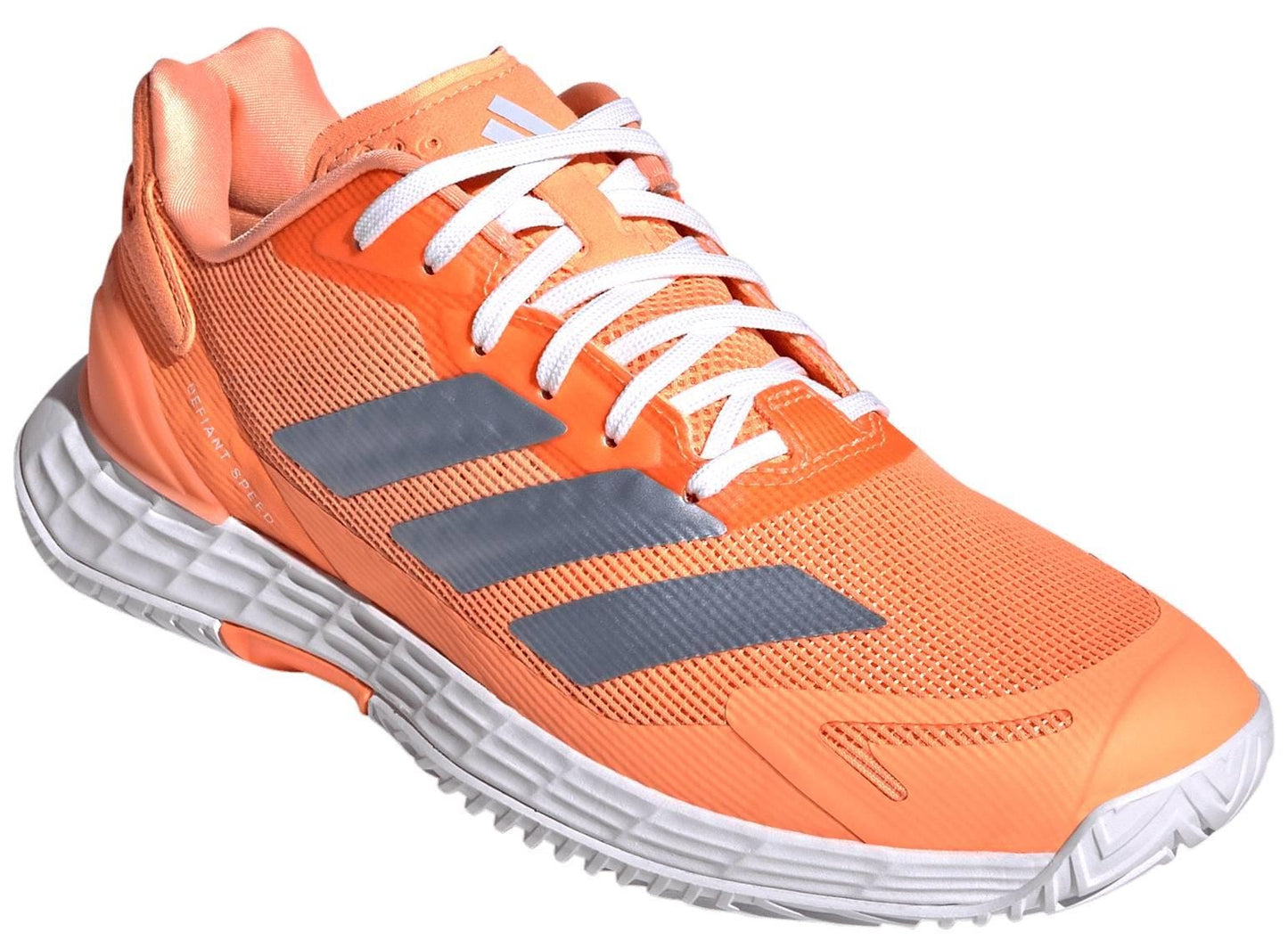 The ADIDAS Defiant Speed 2 Womens Tennis Shoes in orange by adidas are shown angled on a white background—ideal for those seeking lightweight tennis footwear.