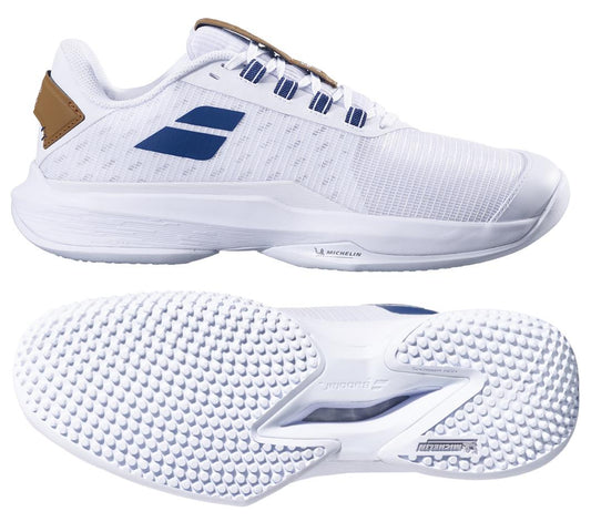 The Babolat Jet Tere 2 Wimbledon Sand Grass 2025 Men’s Tennis Shoes in white and blue feature tan heel detail, side and bottom views showing the textured grip sole, plus visible Babolat logos on both sides.
