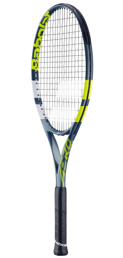 The Babolat Aero Junior 26 Tennis Racket 2026 by Babolat features a graphite composite black and yellow frame, black strings, and a black grip, displayed on a white background.