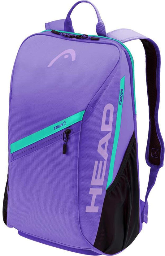 The HEAD Tour 25L Tennis Backpack - Purple features turquoise and green accents, a front zipper pocket, top handle, adjustable shoulder straps, side mesh pocket, and bold vertical "HEAD" print—ideal for tennis fans like Coco Gauff.