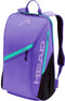 The HEAD Tour 25L Tennis Backpack - Purple features turquoise and green accents, a front zipper pocket, top handle, adjustable shoulder straps, side mesh pocket, and bold vertical "HEAD" print—ideal for tennis fans like Coco Gauff.