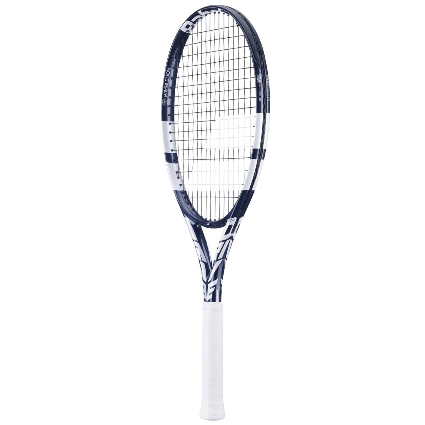 The Babolat Evo Drive 115 Wimbledon Tennis Racket in blue showcases a patterned frame paired with a white grip, elegantly presented against a simple white background.