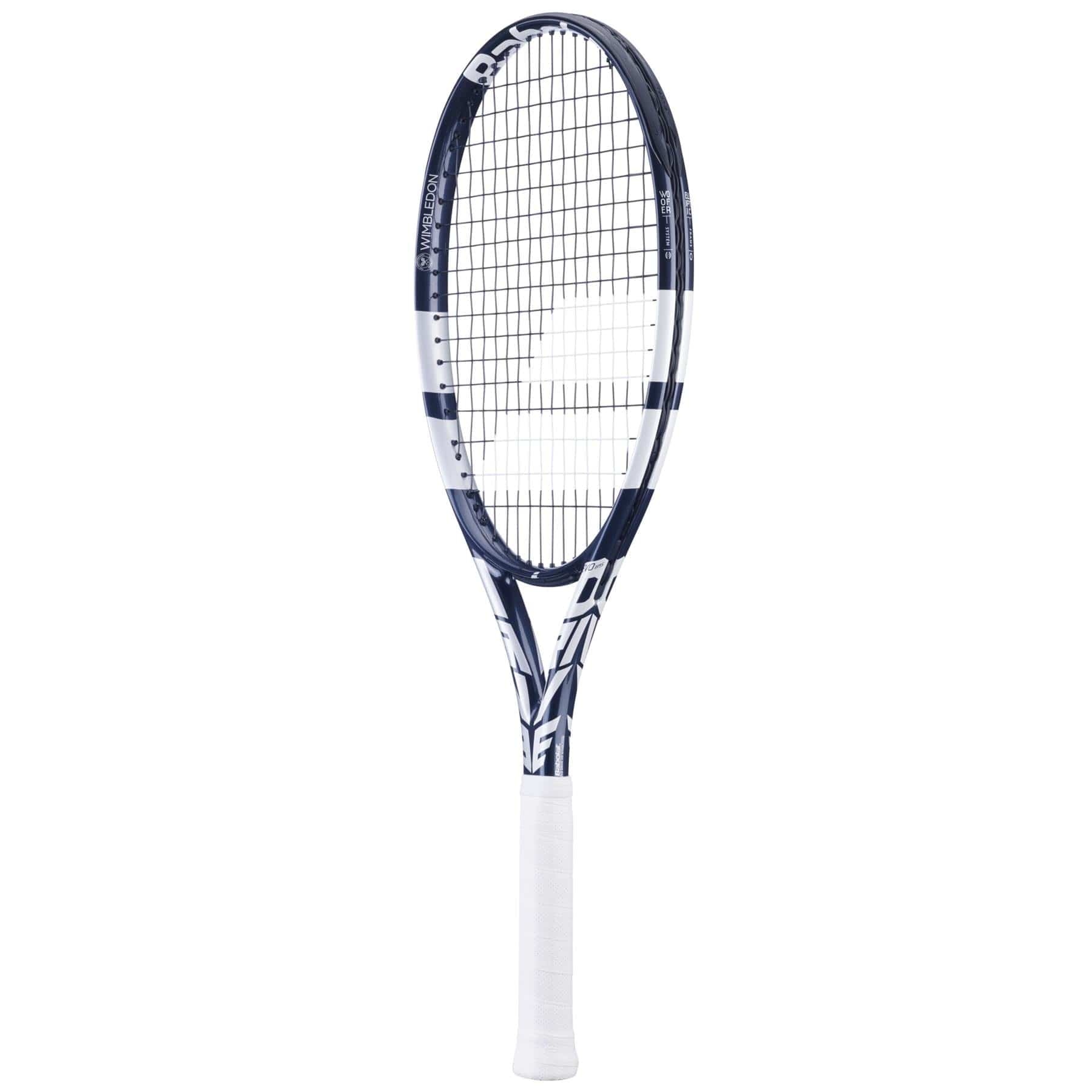 The Babolat Evo Drive 115 Wimbledon Tennis Racket in blue showcases a patterned frame paired with a white grip, elegantly presented against a simple white background.