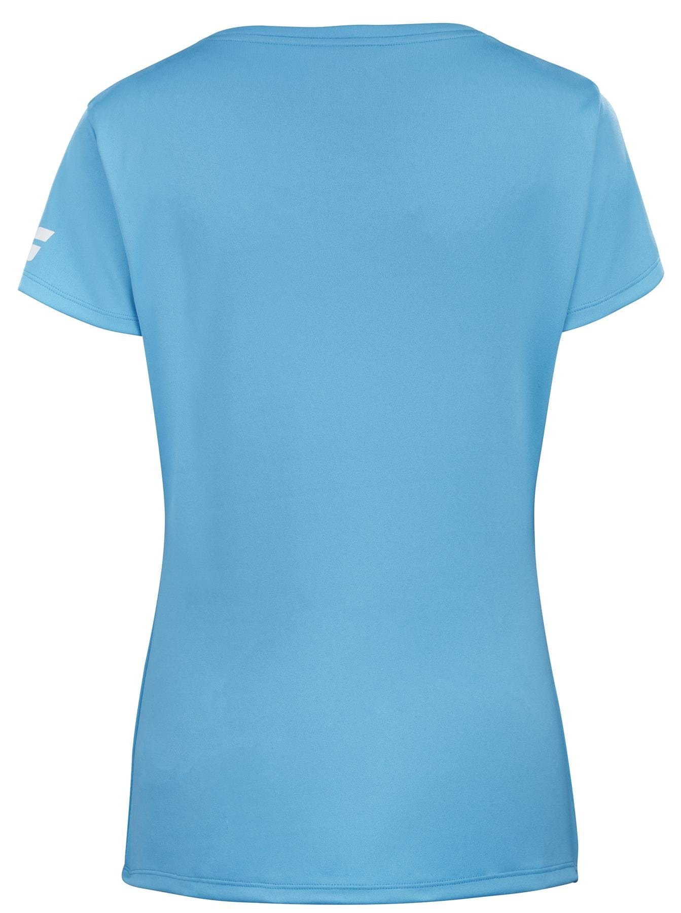A cyan blue cap sleeve tennis top from Babolat is displayed from the back, designed with Fiber Dry technology. The top showcases a small logo on one sleeve.