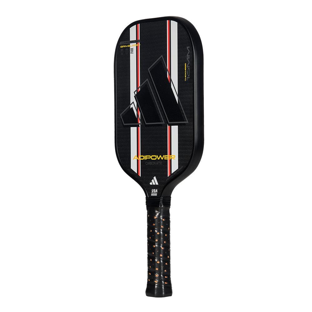 The adidas ADIPOWER Carbon ATTK 3.3 Pickleball Paddle in black/white features red stripes, a large adidas logo, textured grip, “ADIPOWER” and “USA PICKLEBALL APPROVED” near the handle. Designed for advanced players.