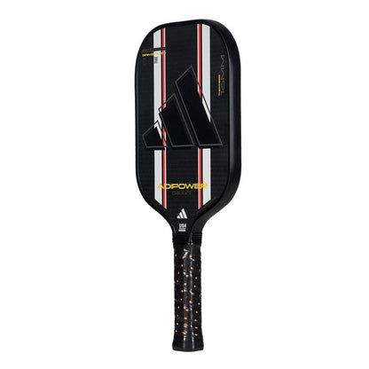 The adidas ADIPOWER Carbon ATTK 3.3 Pickleball Paddle in black/white features red stripes, a large adidas logo, textured grip, “ADIPOWER” and “USA PICKLEBALL APPROVED” near the handle. Designed for advanced players.