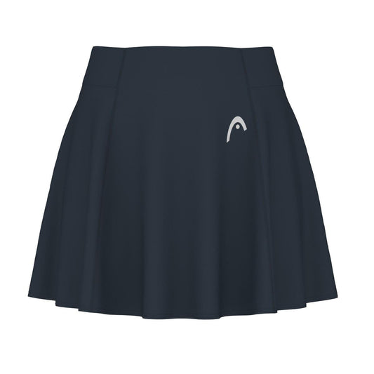 Displayed against a white background, the HEAD Performance Women's Tennis Skort in navy showcases a subtle logo on the right side near the waistband. Crafted with Moisture Transfer Microfibre, it features integrated inner shorts for enhanced comfort and functionality.