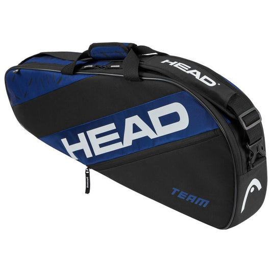 The HEAD Team 3 Racket Tennis Bag S - BLBK showcases a sporty design in black and blue, prominently displaying "HEAD" in large white letters alongside "TEAM" in smaller text. This bag is equipped with a practical handle for effortless carrying.