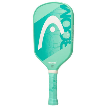 The HEAD Boom Team EX 2024 Pickleball Paddle by HEAD features a mint green color, white logo, rounded edges, textured grip handle, and a fiberglass hitting surface for enhanced control.