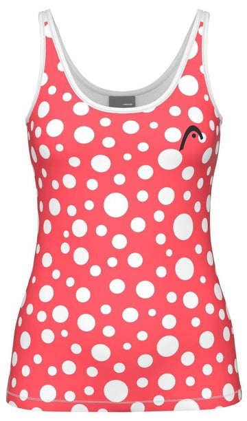 The HEAD Spirit II Womens Tennis Tank Top - GIXR is a red top with white polka dots and a small abstract logo on the left chest. It features advanced cooling technology and Moisture Transfer Microfiber to keep you comfortable and dry during intense matches.