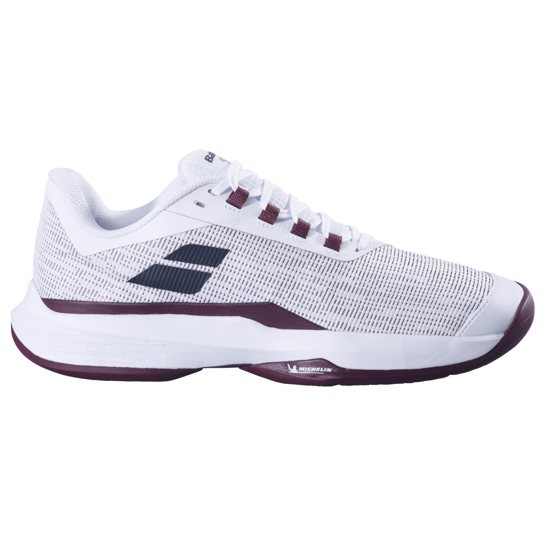 The Babolat Jet Tere 2 Men’s Tennis Shoes in white and burgundy feature a breathable mesh upper, flat laces for comfort and stability, a maroon sole with accents, and a black side logo for a stylish ultra-lightweight design.