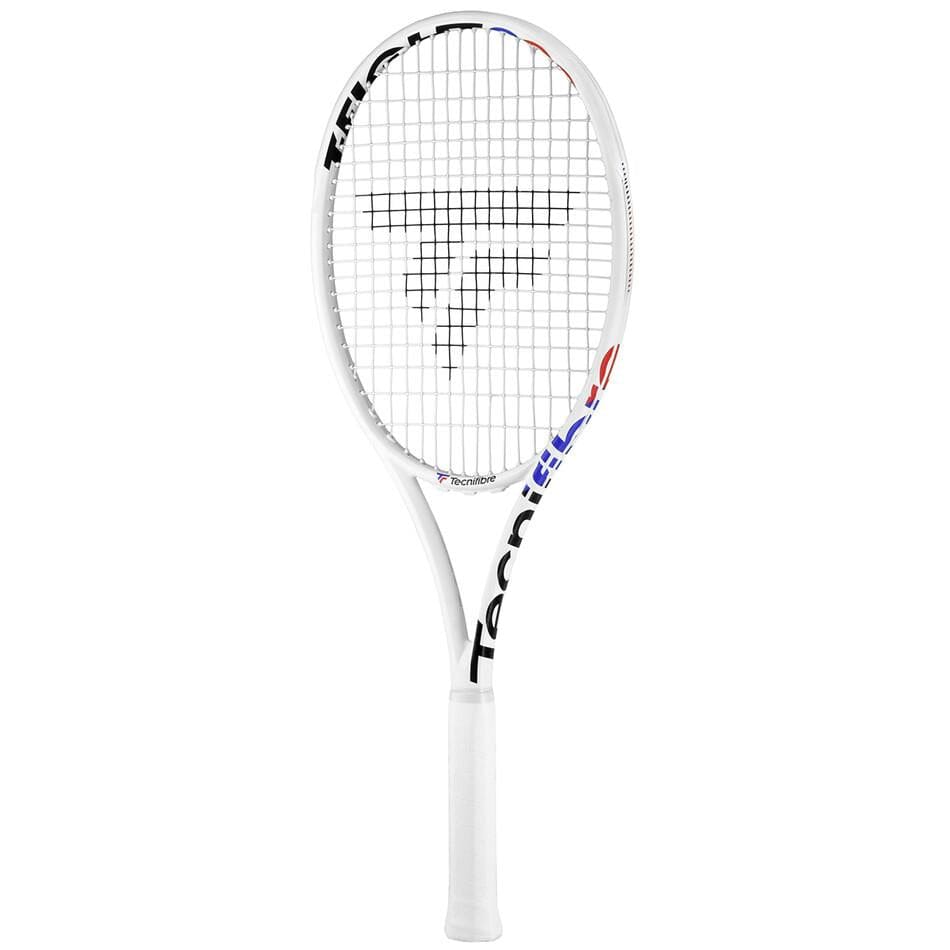 The Tecnifibre T-Fight 315 Isoflex Tennis Racket in white showcases dynamic control, with striking black, red, and blue accents adorning the head and strings. The brand name "Tecnifibre" is prominently displayed on the side, while the handle is elegantly wrapped in white grip tape for a sleek finish.