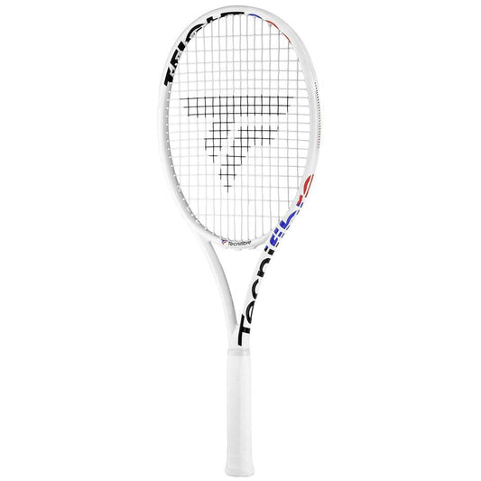 The Tecnifibre T-Fight 315 Isoflex Tennis Racket in white showcases dynamic control, with striking black, red, and blue accents adorning the head and strings. The brand name "Tecnifibre" is prominently displayed on the side, while the handle is elegantly wrapped in white grip tape for a sleek finish.
