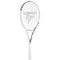 The Tecnifibre T-Fight 315 Isoflex Tennis Racket in white showcases dynamic control, with striking black, red, and blue accents adorning the head and strings. The brand name "Tecnifibre" is prominently displayed on the side, while the handle is elegantly wrapped in white grip tape for a sleek finish.