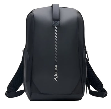 Kanso Intuko Tennis 23L Backpack in black with a vertical white graphic line and logo on the front panel, featuring a top carry handle and shoulder straps.