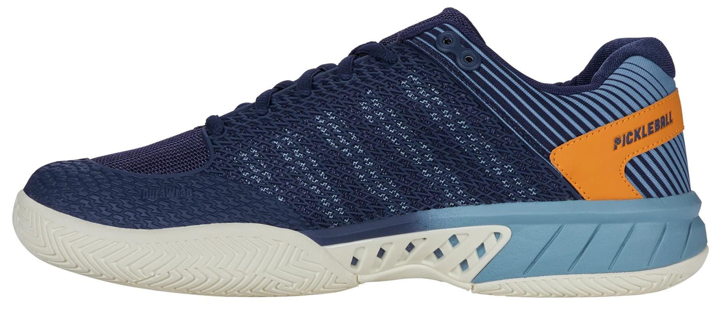 The K-Swiss Express Light Men's Pickleball Shoes in Oceana/Forget Me Not feature navy mesh, a light blue midsole, white outsole, and orange heel accent with "Pickleball"—delivering lightweight style and agility on the court.