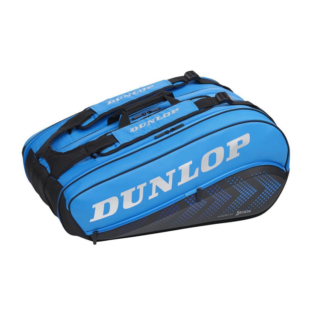 The Dunlop FX Club 6 Racket Tennis Bag in black and blue has "Dunlop" printed in white on the side. It includes multiple compartments for racket storage and sturdy handles, making it perfect for carrying all your sports equipment.