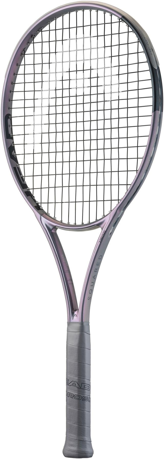 The HEAD Squared Tennis Racket by HEAD, in purple and black with a grey grip, is shown upright on a white background. This ultra-head light racket features dual-tube technology for enhanced performance.