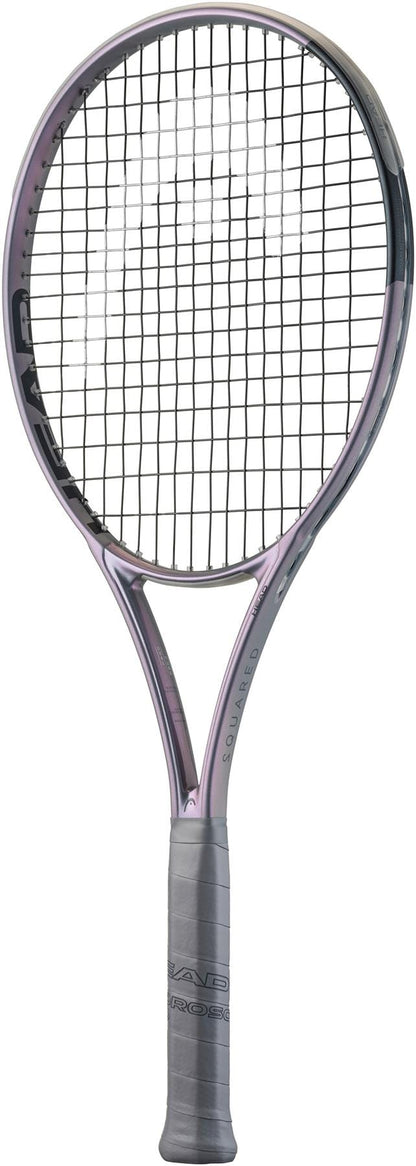 The HEAD Squared Tennis Racket by HEAD, in purple and black with a grey grip, is shown upright on a white background. This ultra-head light racket features dual-tube technology for enhanced performance.