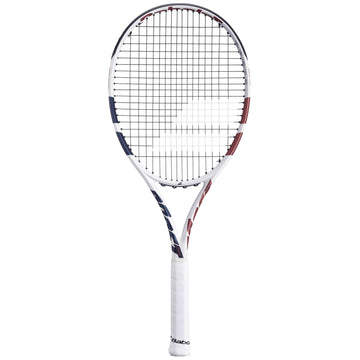 The Babolat Boost Drive Tennis Racket by Babolat features a lightweight graphite frame, a 680cm² head, black strings, and a white grip with blue and red accents on a plain white background.