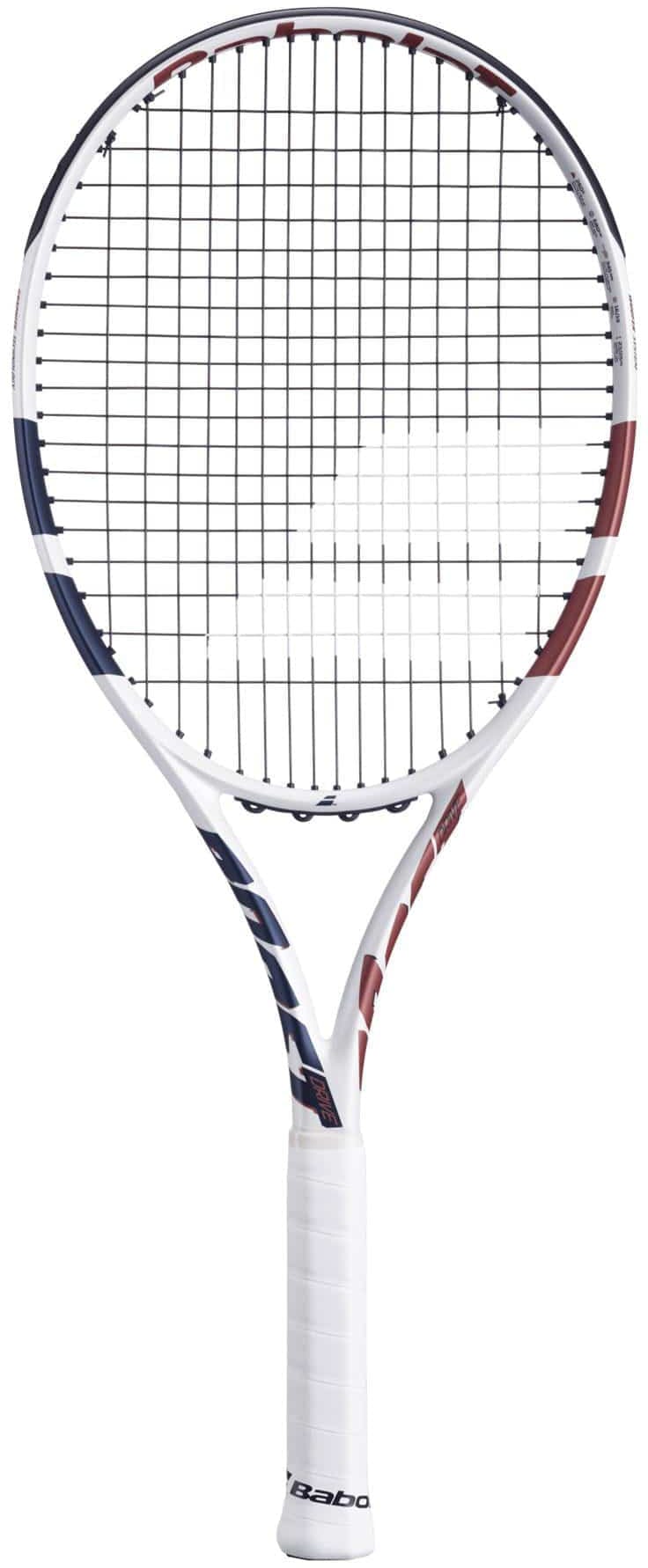 The Babolat Boost Drive Tennis Racket by Babolat, crafted from lightweight graphite, features a white frame with red and blue accents, black strings, and a white grip, displayed against a plain background.