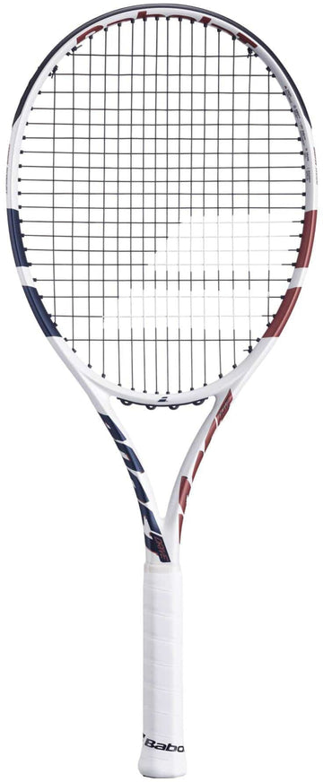 The Babolat Boost Drive Tennis Racket by Babolat, crafted from lightweight graphite, features a white frame with red and blue accents, black strings, and a white grip, displayed against a plain background.