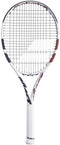 The Babolat Boost Drive Tennis Racket by Babolat, crafted from lightweight graphite, features a white frame with red and blue accents, black strings, and a white grip, displayed against a plain background.