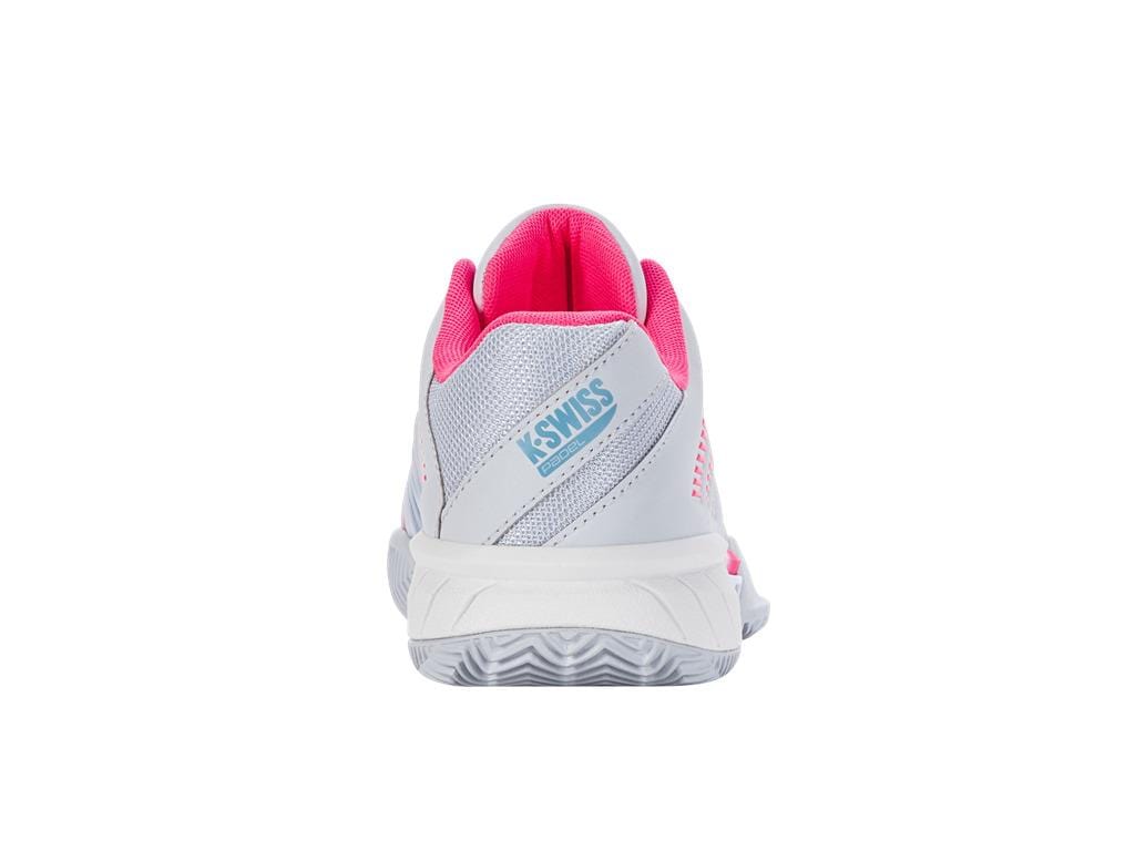 Rear view of the K-Swiss Express Light 3 HB Indoor Court Women's Tennis Shoe in Arctic, White, and Neon Pink. This shoe features a gray sole and is favored by tennis players. The heel sports a light blue logo, while the inner lining is pink, perfectly complementing its sporty design.
