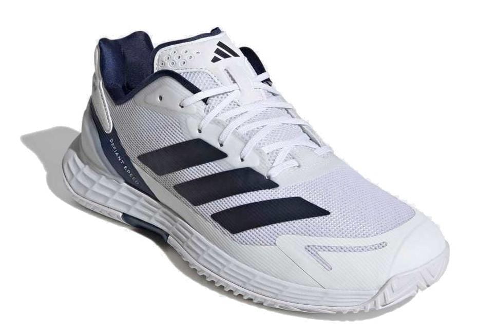 The adidas Defiant Speed 2 Men's Tennis Shoes in white and navy feature black stripes and a textured sole, shown from an angled side view on a white background. Enjoy the comfort of these lightweight tennis shoes.