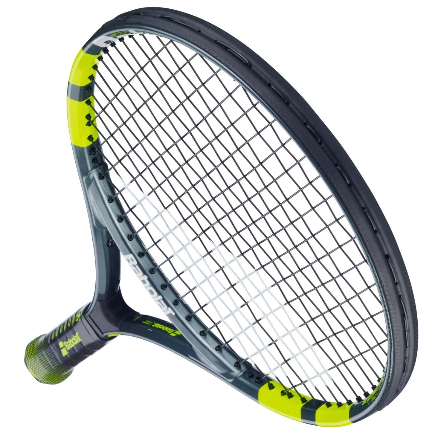 A close-up of the Babolat Carlitos Junior 25 Tennis Racket by Babolat, featuring a black frame with neon yellow accents and tightly strung strings, shown angled upward against a white background.