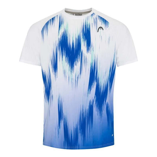 Say hello to the HEAD Topspin Mens Tennis T-Shirt - WHXV. This stylish white shirt from HEAD features a blue and light blue abstract vertical brush stroke pattern. It includes a subtle logo on the chest and is crafted with Moisture Transfer Microfiber technology along with a breathable mesh back to ensure maximum comfort.