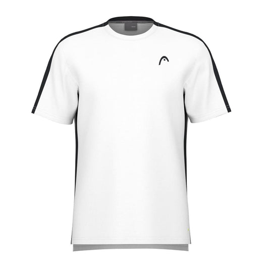 The HEAD Vision Slice Men's Tennis T-Shirt - White combines a clean design with black accents on the shoulders and sides. It sports a subtle logo on the left chest and includes a breathable mesh back for comfort, enhanced by Moisture Transfer Microfiber to ensure you stay cool and dry.