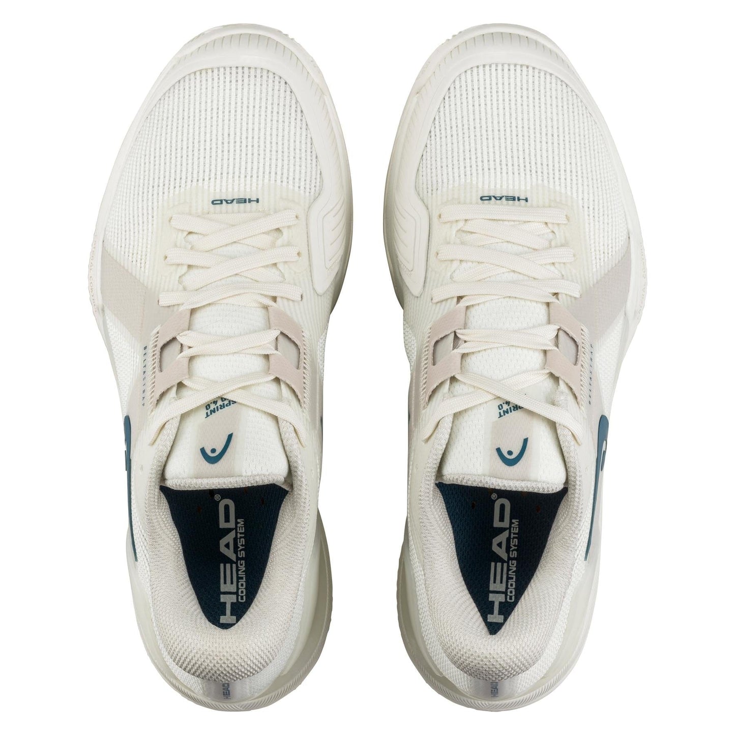 Top view of HEAD Sprint Pro Women's Tennis Shoes in Chalk White/Twilight Blue, designed for advanced players, offering lightweight comfort with mesh fabric, lace-up closure, and featuring the HEAD logo near the heel and tongue.