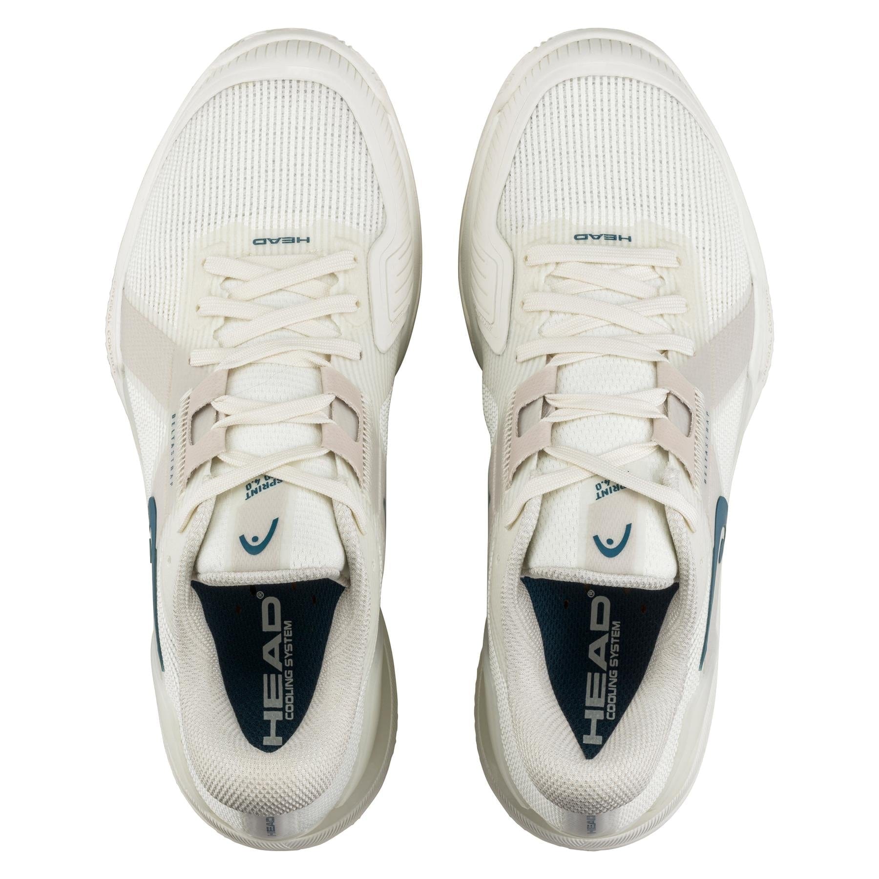 Top view of HEAD Sprint Pro Women's Tennis Shoes in Chalk White/Twilight Blue, designed for advanced players, offering lightweight comfort with mesh fabric, lace-up closure, and featuring the HEAD logo near the heel and tongue.